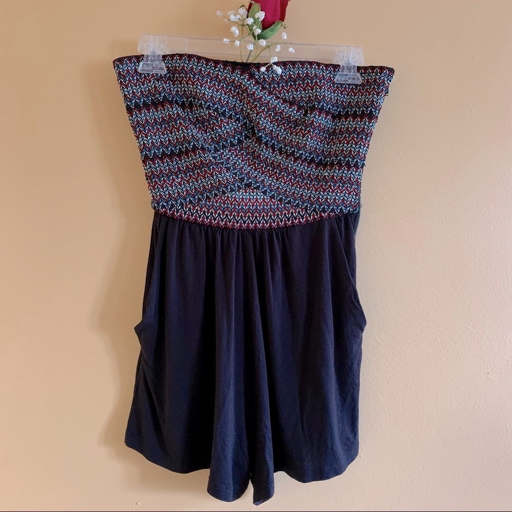 Jessica Simpson Romper Black Multicolored Caitlin Strapless Romper Size Small.